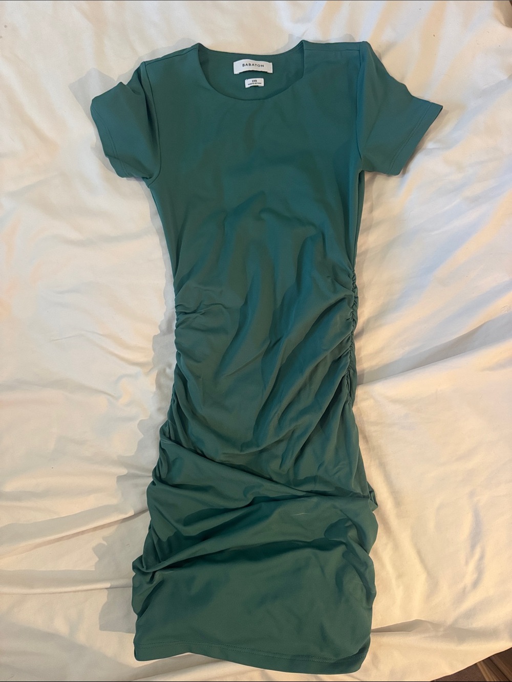 Babaton Teal Ruched Short-Sleeve Mini Dress